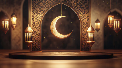 Aufkleber - Islamic ramadan kareem display podium background with 3d of arabian lantern and crescent moon, beautiful muslim invitation with ramadan, eid mubarak, religion background, ai