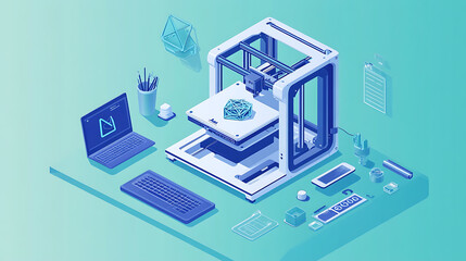 Leinwandbilder - Isometric illustration of 3d printer with laptop on desk with photopolymer lcd 3d printer printed model of resin, a 3d model on screen laptop in cad system interface