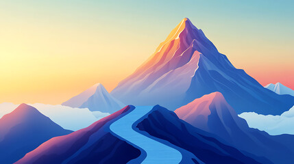 Poster - Success route, path to top of mountain, business strategy path to success, mountain climbing route to peak, illustration