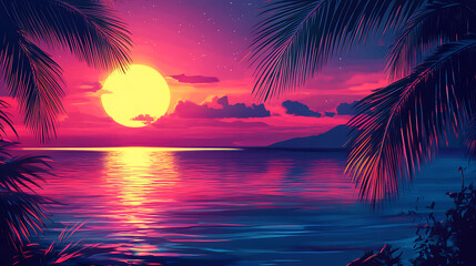 Aufkleber - Summer landscape background with palm tree and sea, colorful summer template, concept of recreation