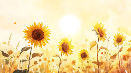 Poster - Sunflowers reaching towards the sun, watercolor illustration, sunflower field in summer