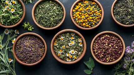 Poster - Assortment of dry tea in wooden bowls, medicinal herbs with chamomile