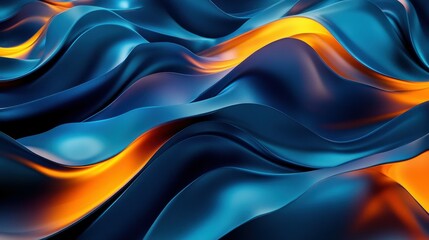 Poster - Abstract blue waves with glowing orange lights - futuristic digital landscape and technology concept.