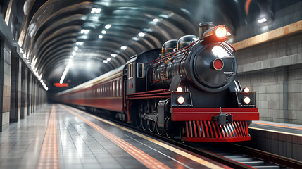 Aufkleber - At the underground subway station is a train locomotive with wagons, 3d illustration