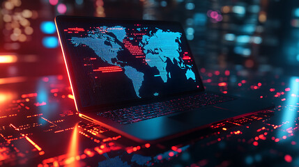Fototapete - Laptop with world map for data processing complexity graphs and analytical diagrams in technology background bright neon dark