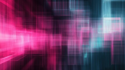 Poster - Abstract digital artwork with a glitch effect on a dark background, in shades of pink and blue, conveying a futuristic concept. Generative AI