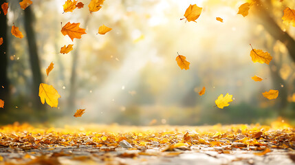 Poster - Autumn background with golden autumn leaves falling on the ground in a forest
