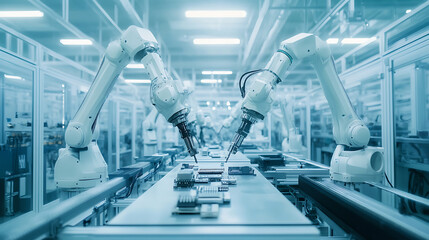Aufkleber - Automated robotic arms assembling components in a high-tech electronics manufacturing facility