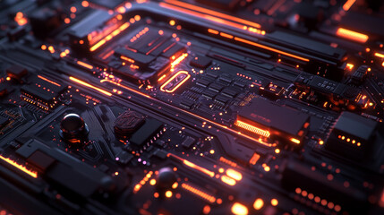 Poster - 3D Render of a macro view of a Futuristic Electronic Circuit Board with Microchips and Processors. Technology Background concept.