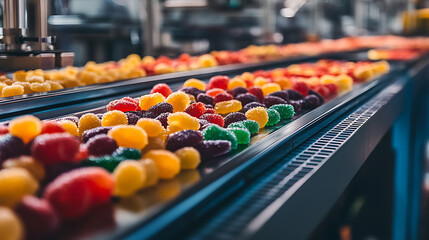 Poster - Tape sweets, candied fruits, in the food industry, products ready for automatic packaging, concept with automated food production