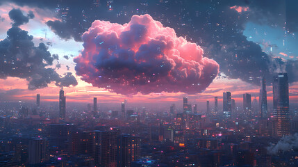 Fototapete - The cloud surrounded by digital icons and urban city landscape
