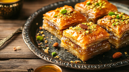 Aufkleber - Baklava is a sweet pastry with layers of phyllo dough, nuts, and honey or syrup, ramadan holiday
