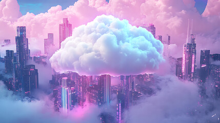 Aufkleber - The cloud surrounded by digital icons and urban city landscape