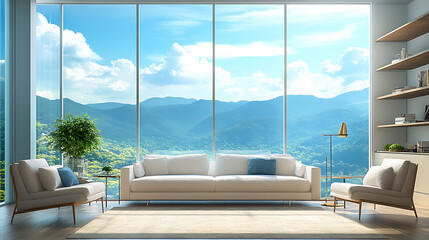 Aufkleber - Light relax interior with couch and armchairs, shelf and panoramic window