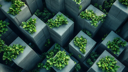Aufkleber - The concept of urban greenery showcases the integration of green spaces within a city environment, abstract cubes, symbolizing urban structures, adorned with lush green leaves
