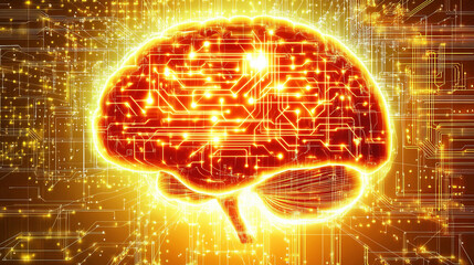 Poster - Advanced High-Tech Concept: Circuit Board CPU Processor Microchip Starting Artificial Intelligence Visualization of Neural Networking. Digital Lines Connect into 3D Brain