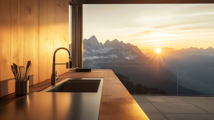 Fototapete - The kitchen has a wooden counter near the light wall with a silver sink and utensils