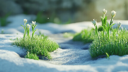 Poster - The snow is melting, green grass is breaking out from under it, the concept of the arrival of spring
