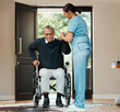 © peopleimages.com - Assisted living, wheelchair and nurse helping old man with disability at entrance to retirement home. Frail care, healthcare or insurance with medicine professional and senior resident in apartment