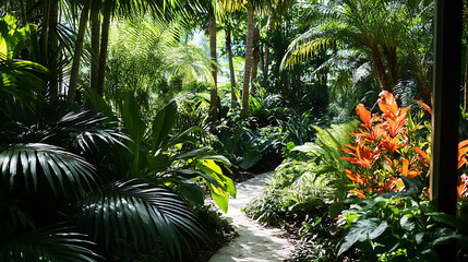 Aufkleber - Lush tropical garden, tropical foliage, including ferns, palms, and philodendron