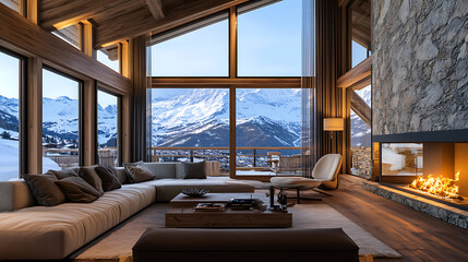 Aufkleber - Luxury wooden chalet with fireplace, interior design of modern living room with mountain view