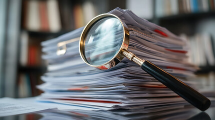 Poster - Magnifying glass and a stack of report paper documents, concept of business and search