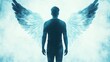 © Ina725 - Silhouette of a man with large angel wings in blue mystical light, symbolizing strength, protection and transformation