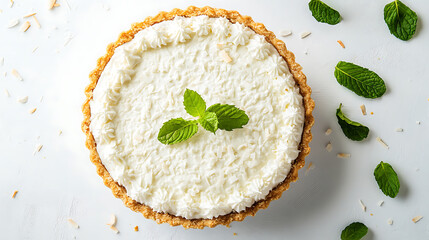 Poster - Top view of coconut cream pie garnished with mint leaves on white background with copy space delicious fresh baked healthy dessert