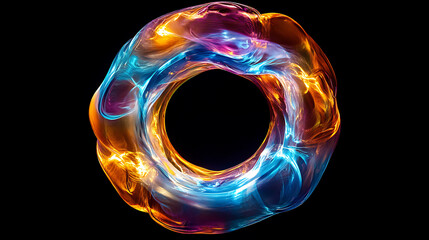 Fototapete - Top view, translucent multicolored torus blue fire ring, plasma shock wave, technicolor