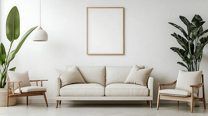 Poster - Beige sofa and armchair near white wall, interior design of modern living room with empty blank mock up poster frame