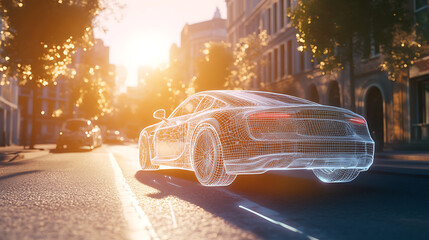Poster - Transparent wireframe generic unbranded city car in sunlight