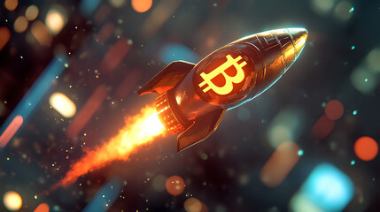 Poster - Bitcoin rocket flying on blurred background, illustration