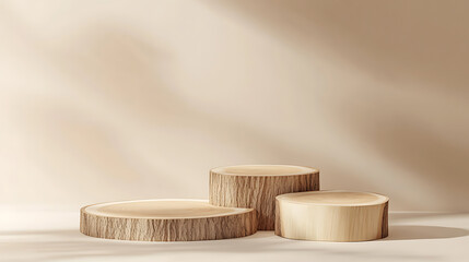 Poster - Minimal modern product display on neutral beige background, wood slice set podium, 3d illustration