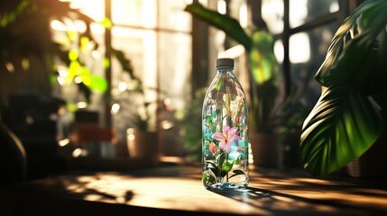 Poster - Brightly lit room featuring a water bottle with a flower inside surrounded by lush greenery