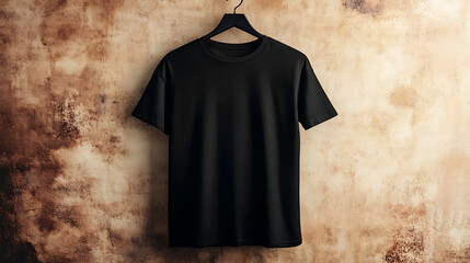 Aufkleber - Black t-shirt mockup on hanger with textured wall backdrop, clothing design showcase