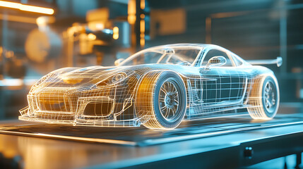 Poster - Unbranded generic wireframe sport car on a wire platform