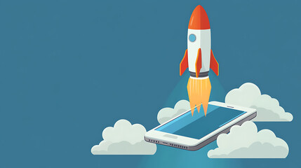 Poster - Mobile business startup concept, with space rocket coming out from mobile phone, illustration