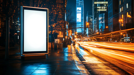 Poster - Blank white advertising display billboard in a city street at night with light streaks, promotional poster mock up