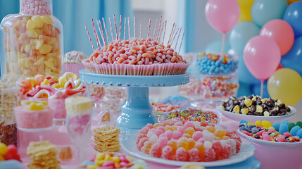 Poster - Various snacks and sweets on a sweet table with desserts, gummy worms and cereals