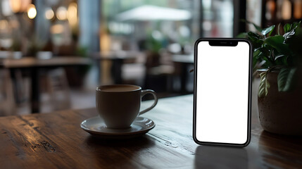 Aufkleber - Mockup image of modern smartphone with blank white screen on wooden table in cafe