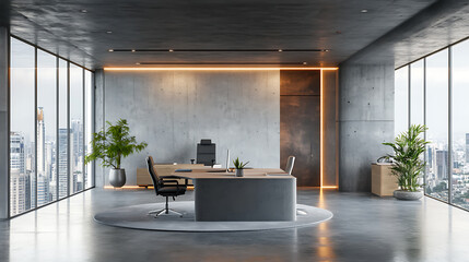 Poster - Modern concrete coworking office interior with window and city view, furniture and equipment, 3d rendering