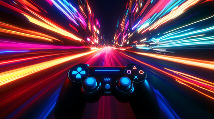 Poster - Video game controller with bright neon light streaks, computer gamer background