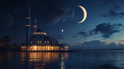 Aufkleber - View of mosque in crescent moon night, mosque reflection in the water, islamic religious concept, 3d render