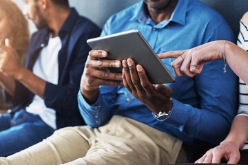 Poster - business people, hands and tablet in office by wall, reading and point break with social media app. 