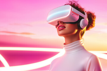 Poster - Woman engaging in virtual reality experience with sleek headset. Vivid pink background creates energetic atmosphere. Concept of technology, gaming, entertainment