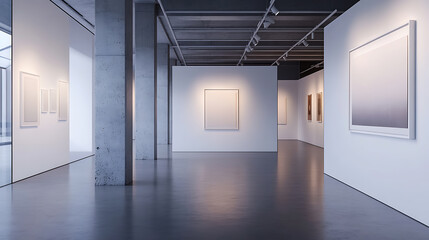 Poster - Modern gallery room with illuminated posters on white walls and concrete pillars, clean exhibition design