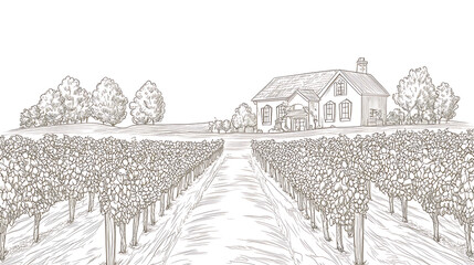 Poster - Vineyard with rows of grape vines and house, simple line drawing illustration style