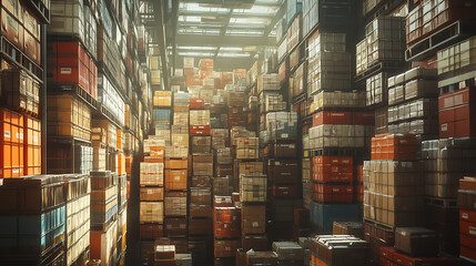 Aufkleber - Warehousing and shipping industry depiction, picture captures a storage facility backdrop adorned with organized stacks of parcels