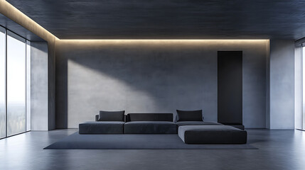 Poster - Modern minimalist empty dark living room with a low dark concrete ceiling and a black sofa in the middle
