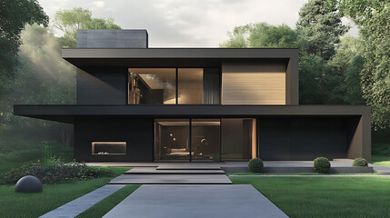 Poster - Modern luxury minimalist cubic house, villa with wooden cladding and black panel walls and landscaping design front yard, residential architecture exterior